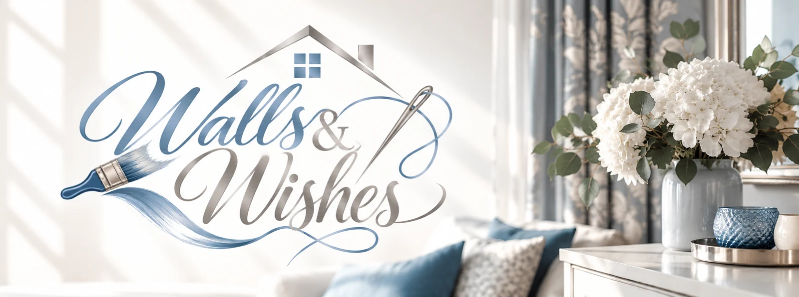 Walls & Wishes blue and silver branding beside soft furnishings and white flowers
